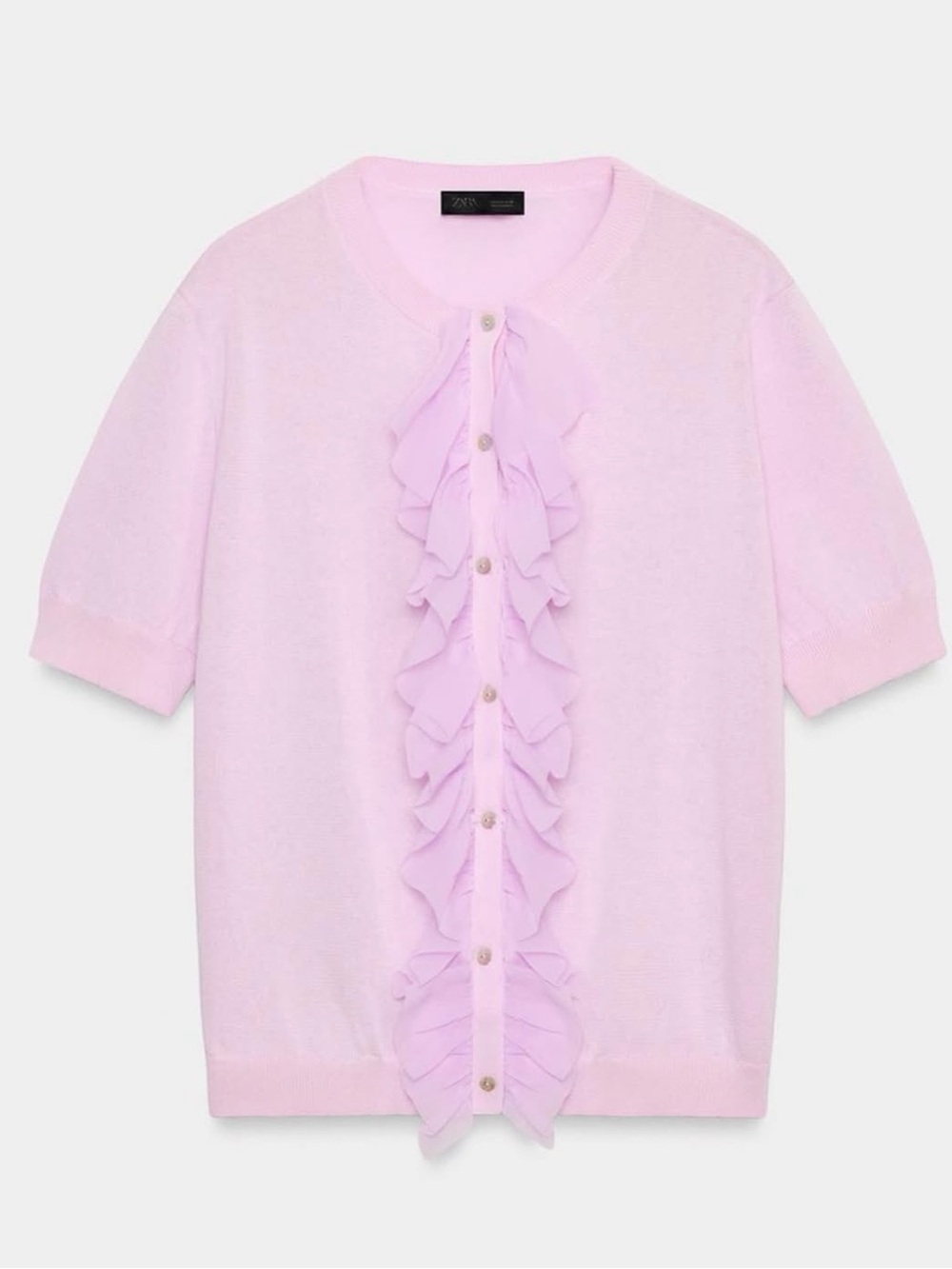 ZARA Lilac Ruffle-Front Button Cardigan